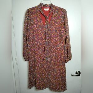 Boden (Size 16/18L) Red & Multicolor Floral Tie Bow Neck Long Sleeve Midi Dress